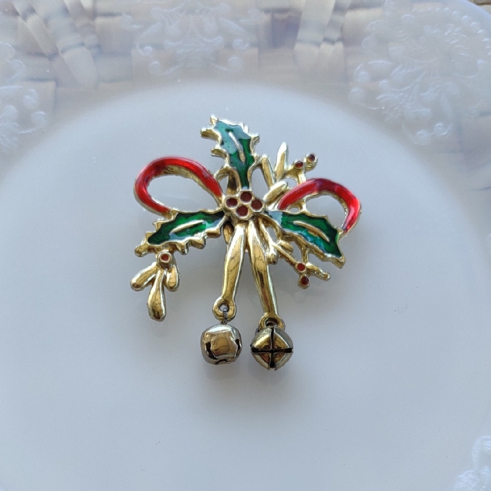 Vintage Festive Gold and Red Holly Brooch